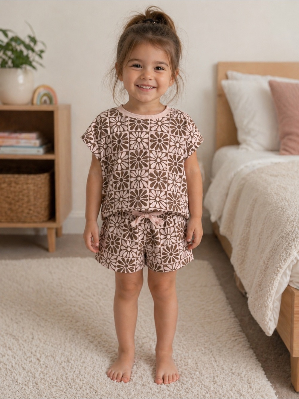 Girls' Pink & Brown Floral Tile Short Pajama Set 2T